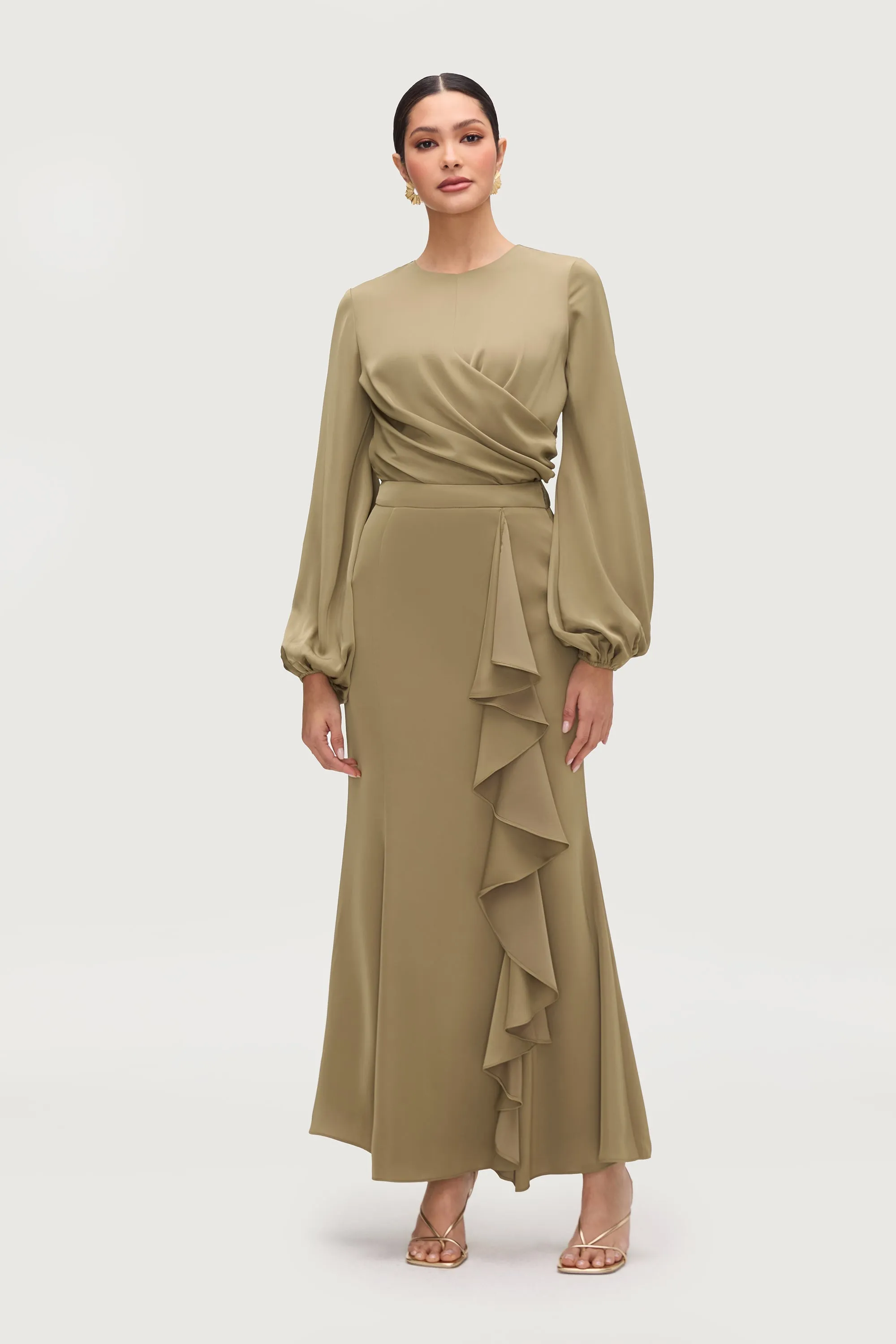 Satin Asymmetric Waterfall Maxi Skirt - Desert Palm