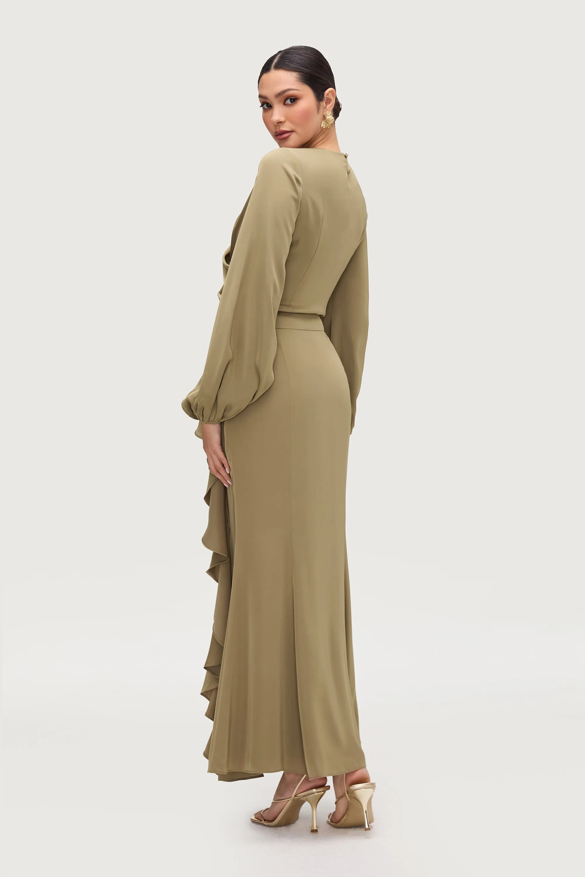 Satin Asymmetric Waterfall Maxi Skirt - Desert Palm