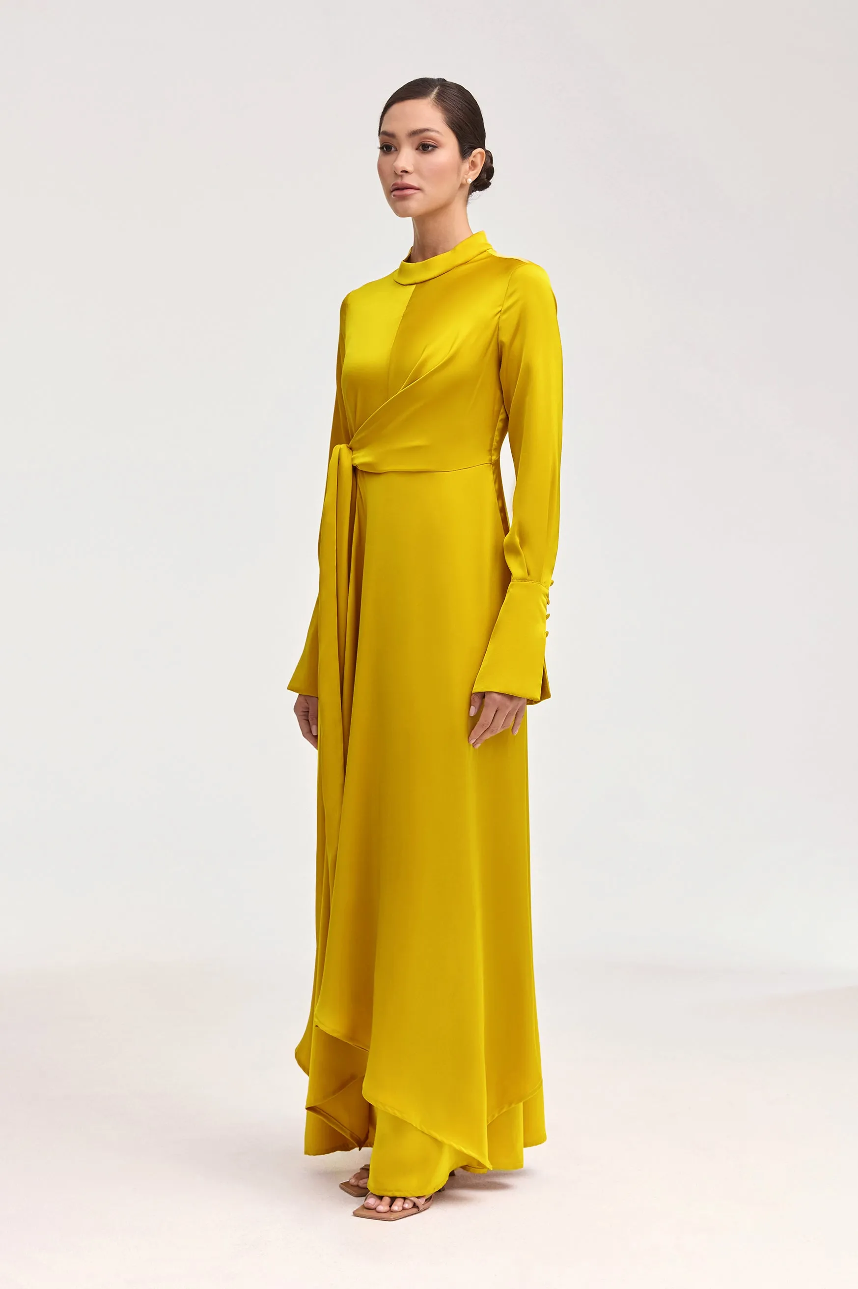 Serena Satin Side Tie Maxi Dress - Honey