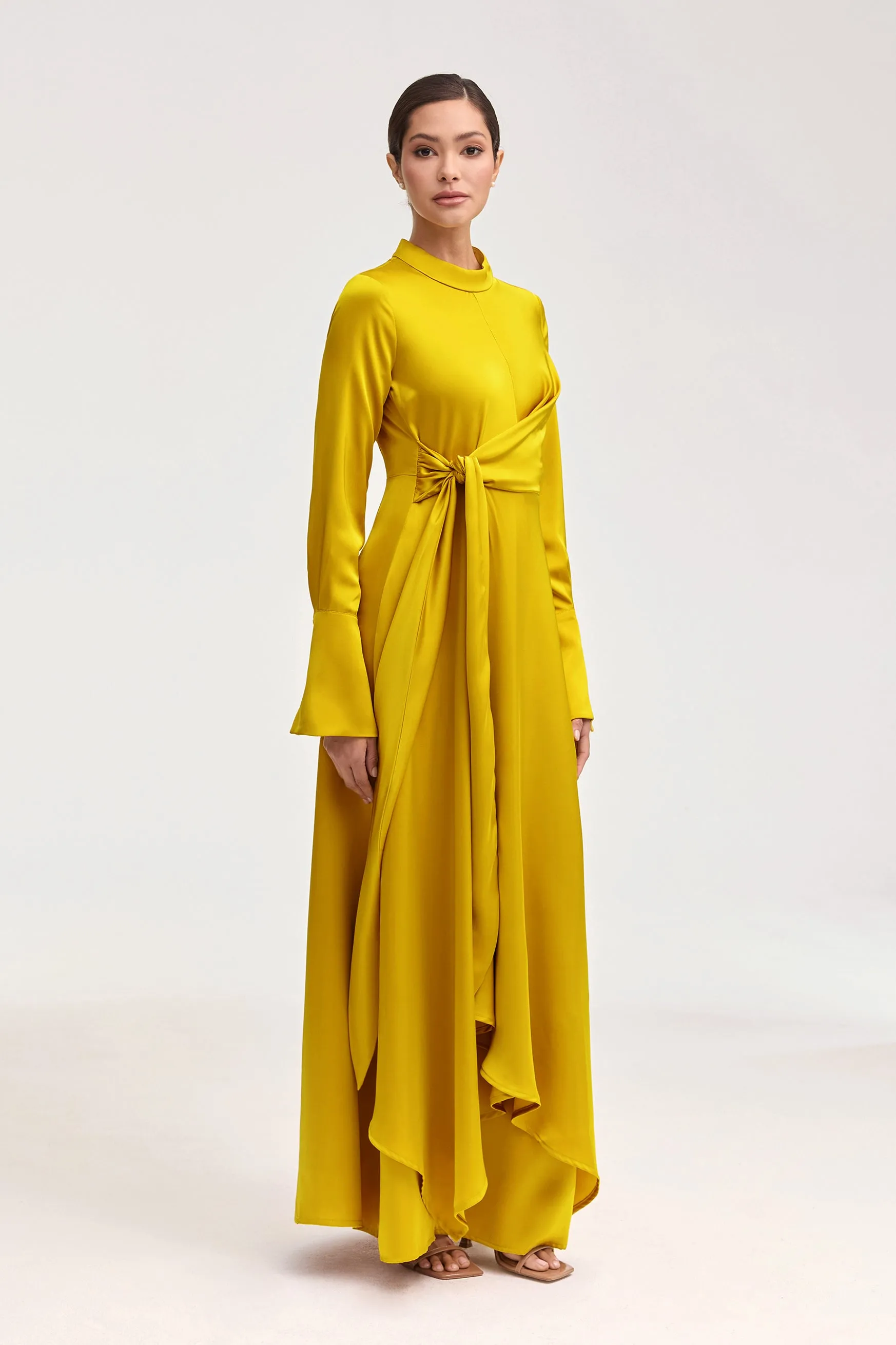 Serena Satin Side Tie Maxi Dress - Honey