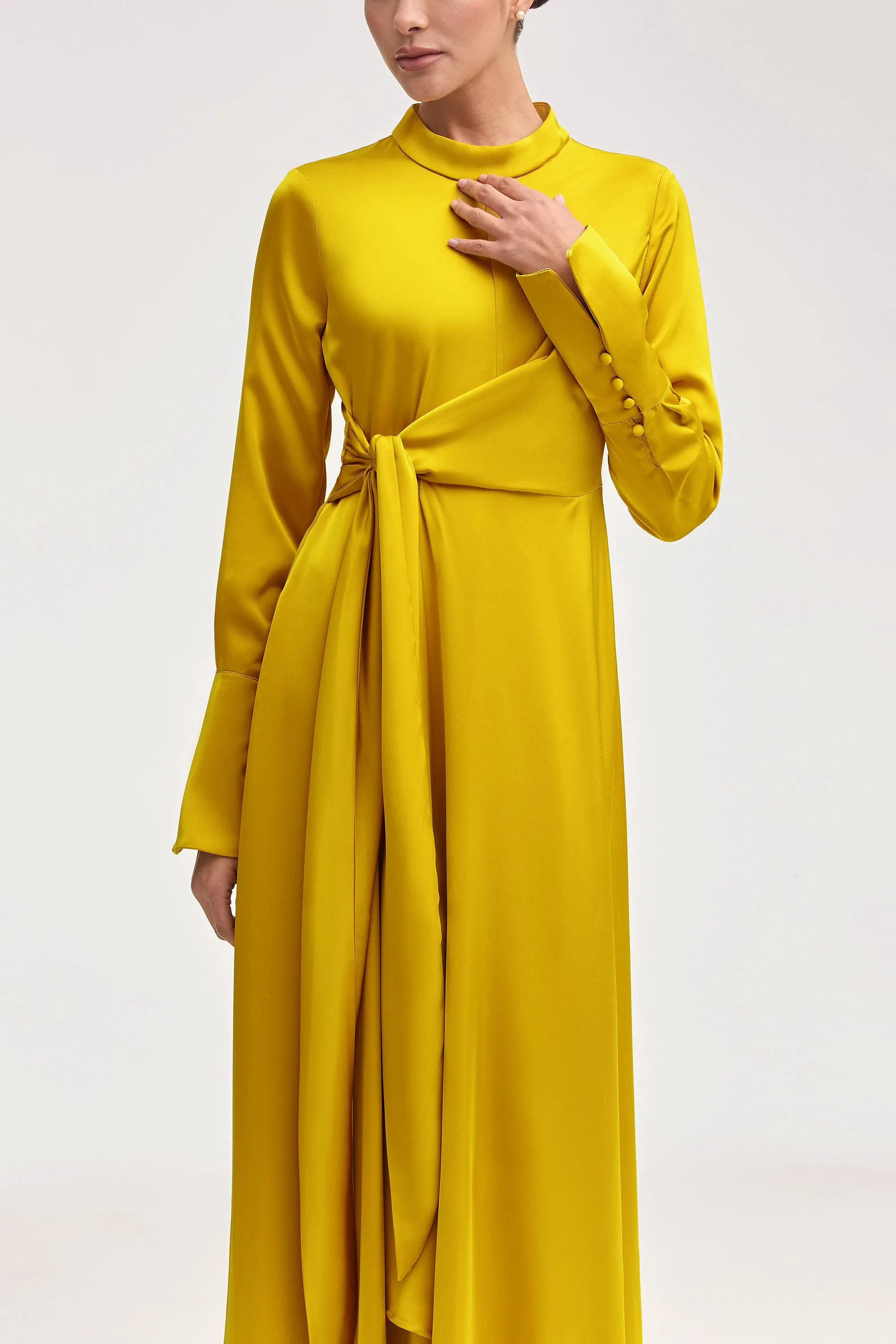 Serena Satin Side Tie Maxi Dress - Honey