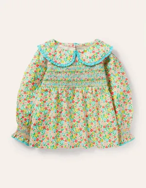 Smocked Collared Woven Top-Multi Spring Floral