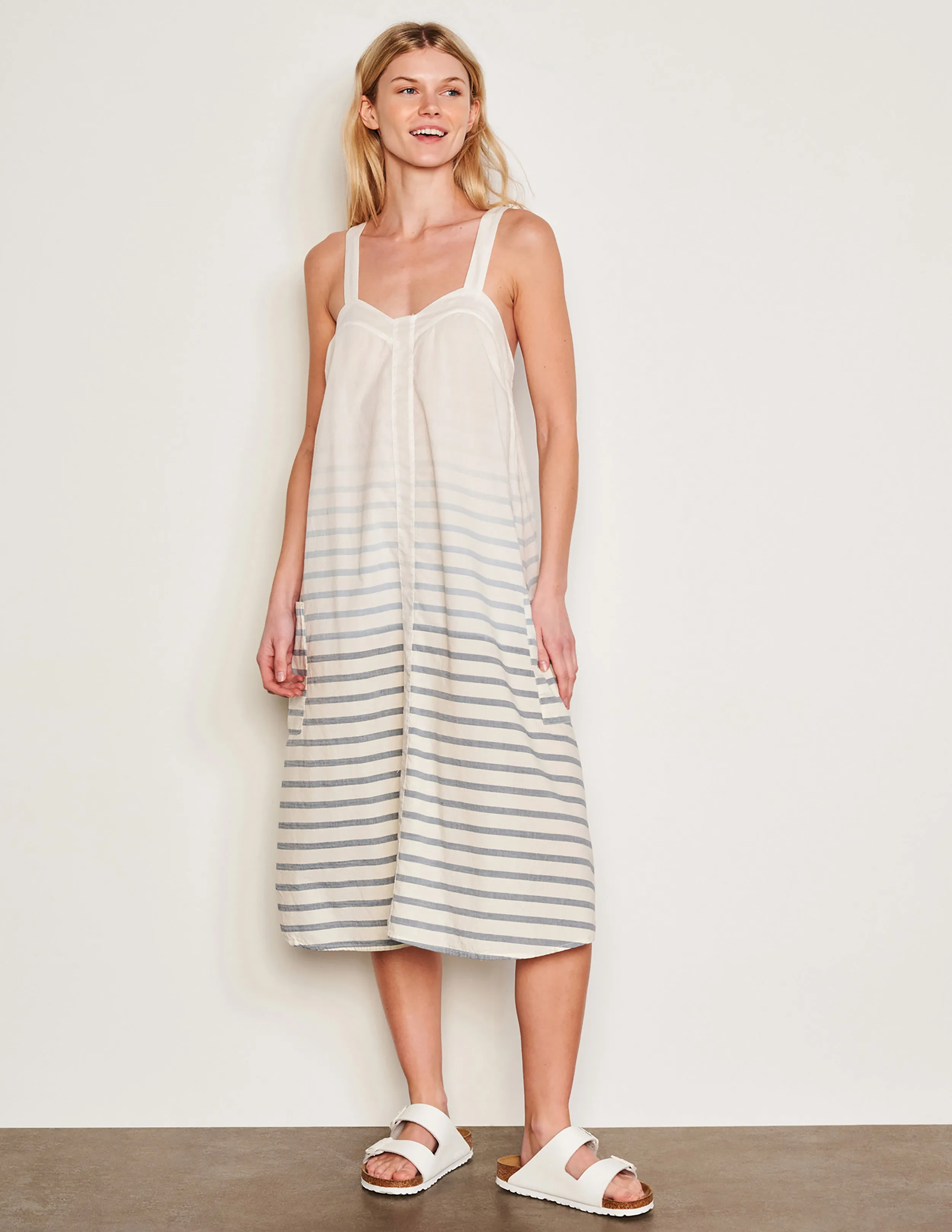 Sundry Changing Tide Stripe Midi Apron Dress in Deep Navy