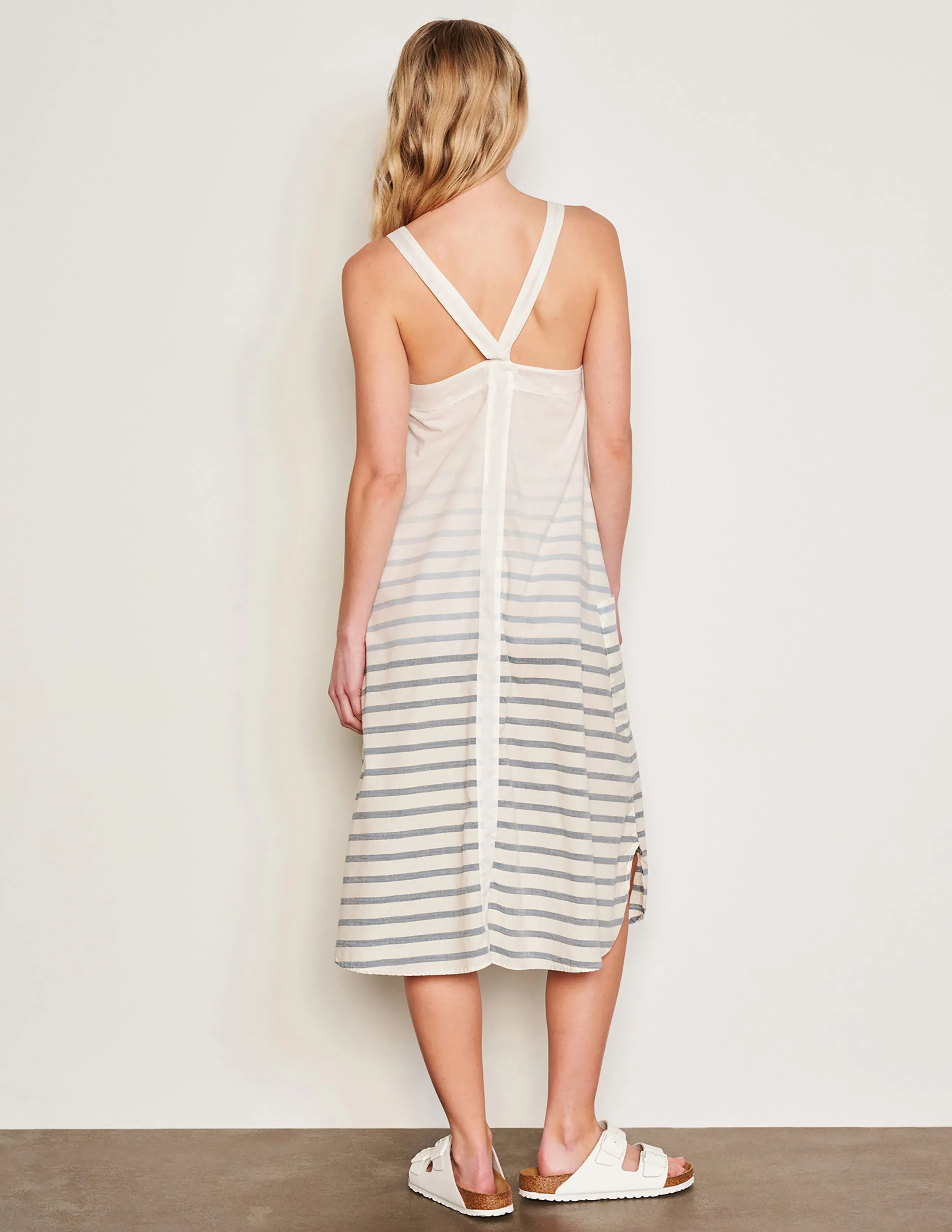 Sundry Changing Tide Stripe Midi Apron Dress in Deep Navy