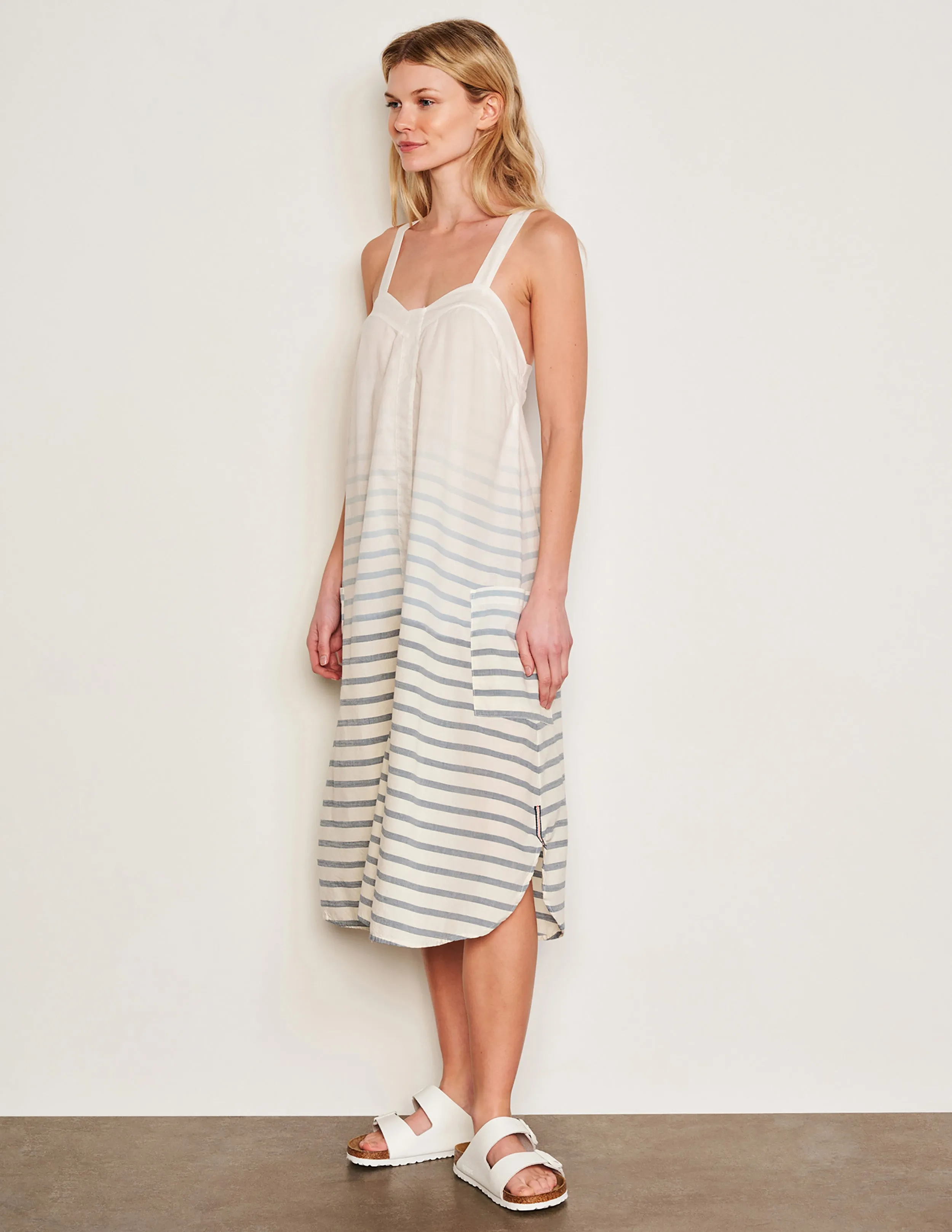 Sundry Changing Tide Stripe Midi Apron Dress in Deep Navy