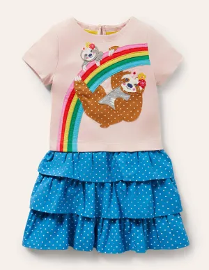 Tiered Skirt Appliqué Dress-Pink Rainbow Sloth