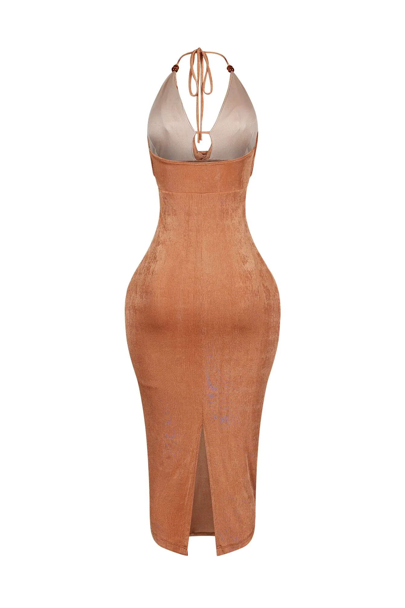 Truffle Slinky Cowl Neck Halter Midi Dress