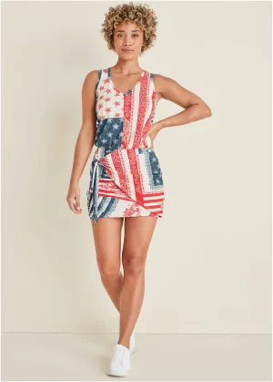 V-Neck Side Wrap Mini Dress - Americana Patchwork Stripe