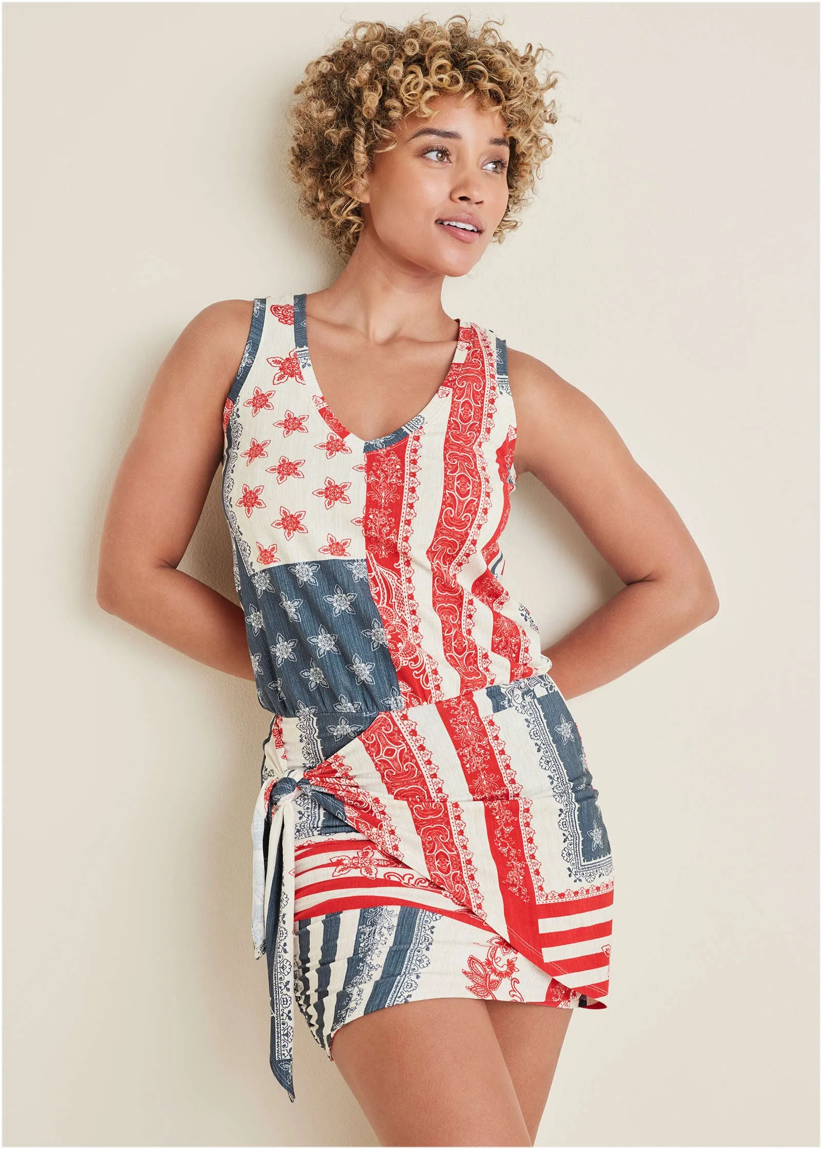 V-Neck Side Wrap Mini Dress - Americana Patchwork Stripe