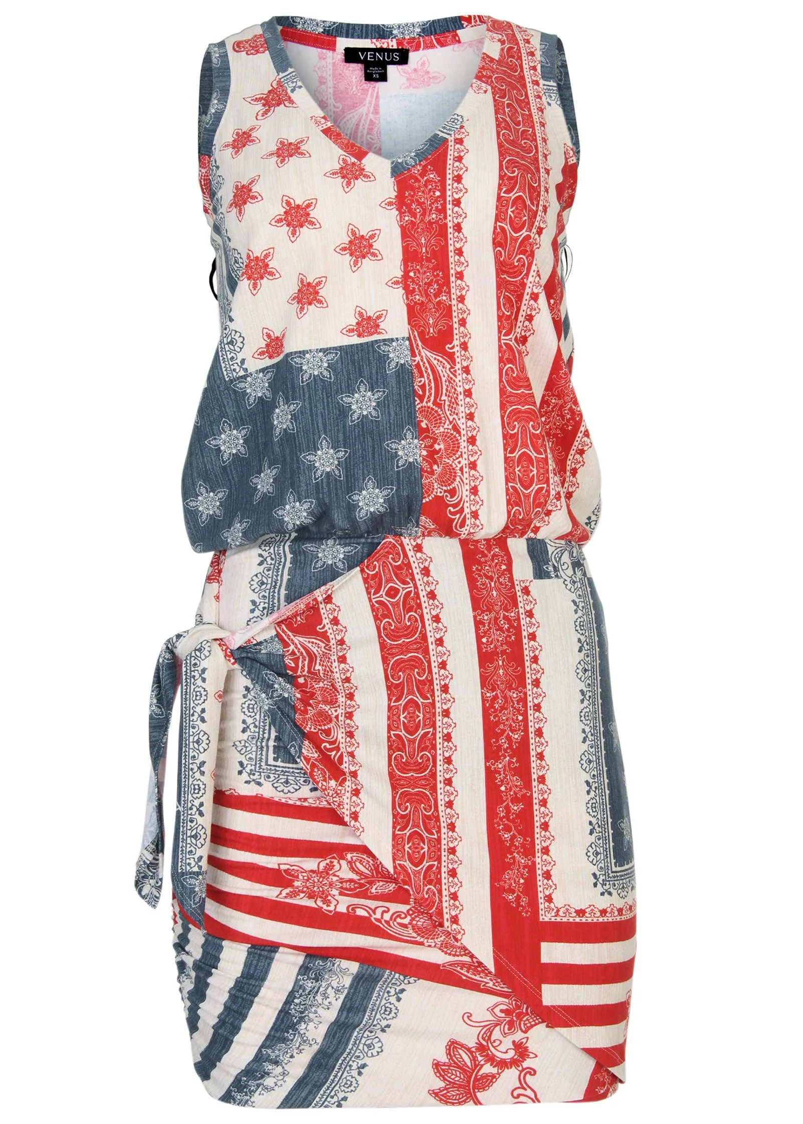 V-Neck Side Wrap Mini Dress - Americana Patchwork Stripe