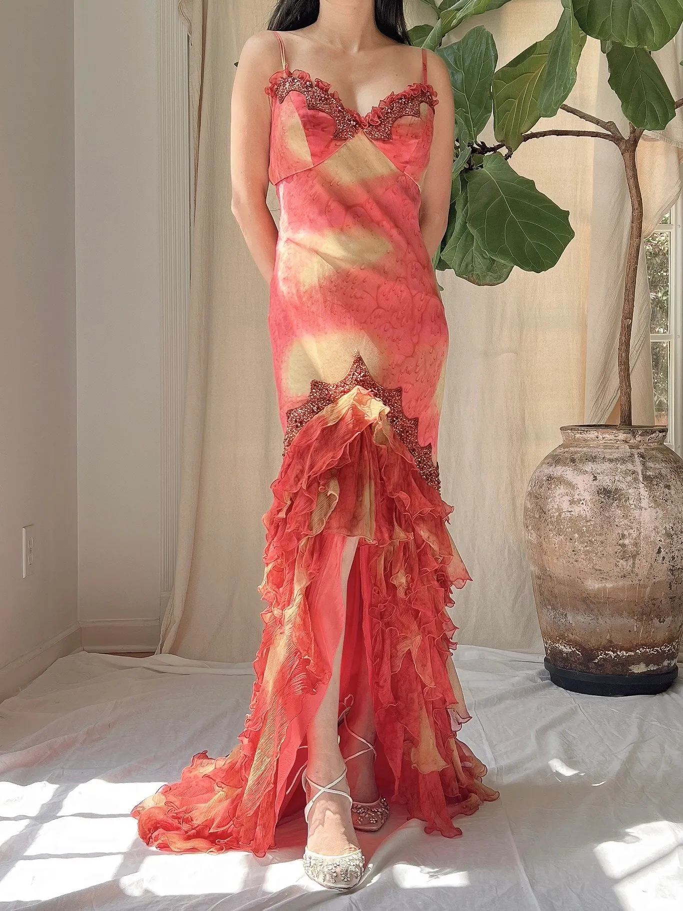 Vintage Silk Abstract Ruffle Dress - S