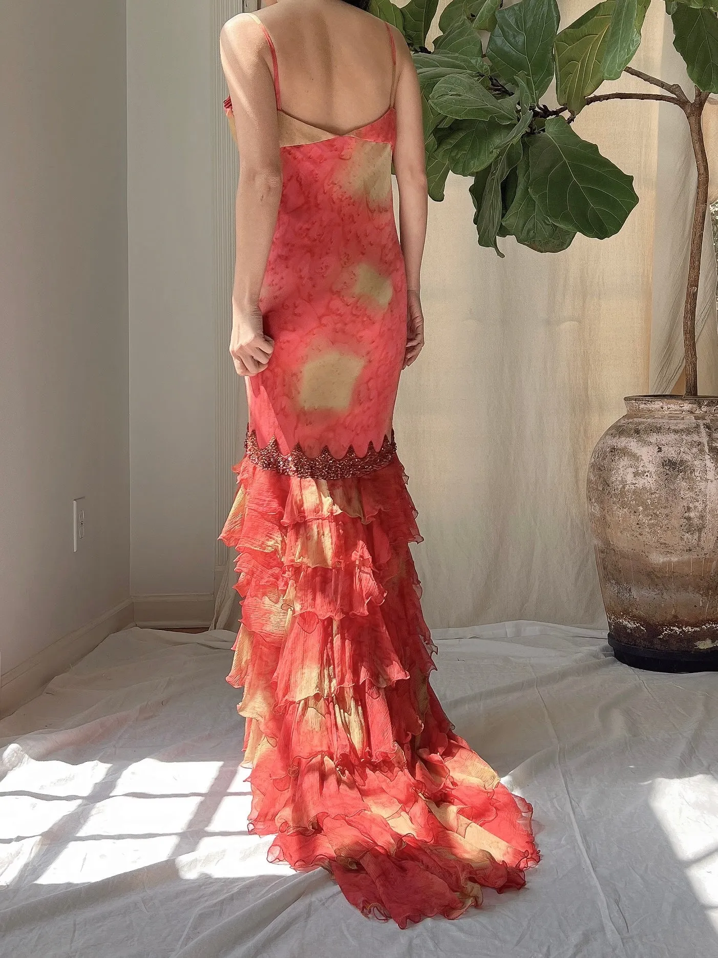 Vintage Silk Abstract Ruffle Dress - S