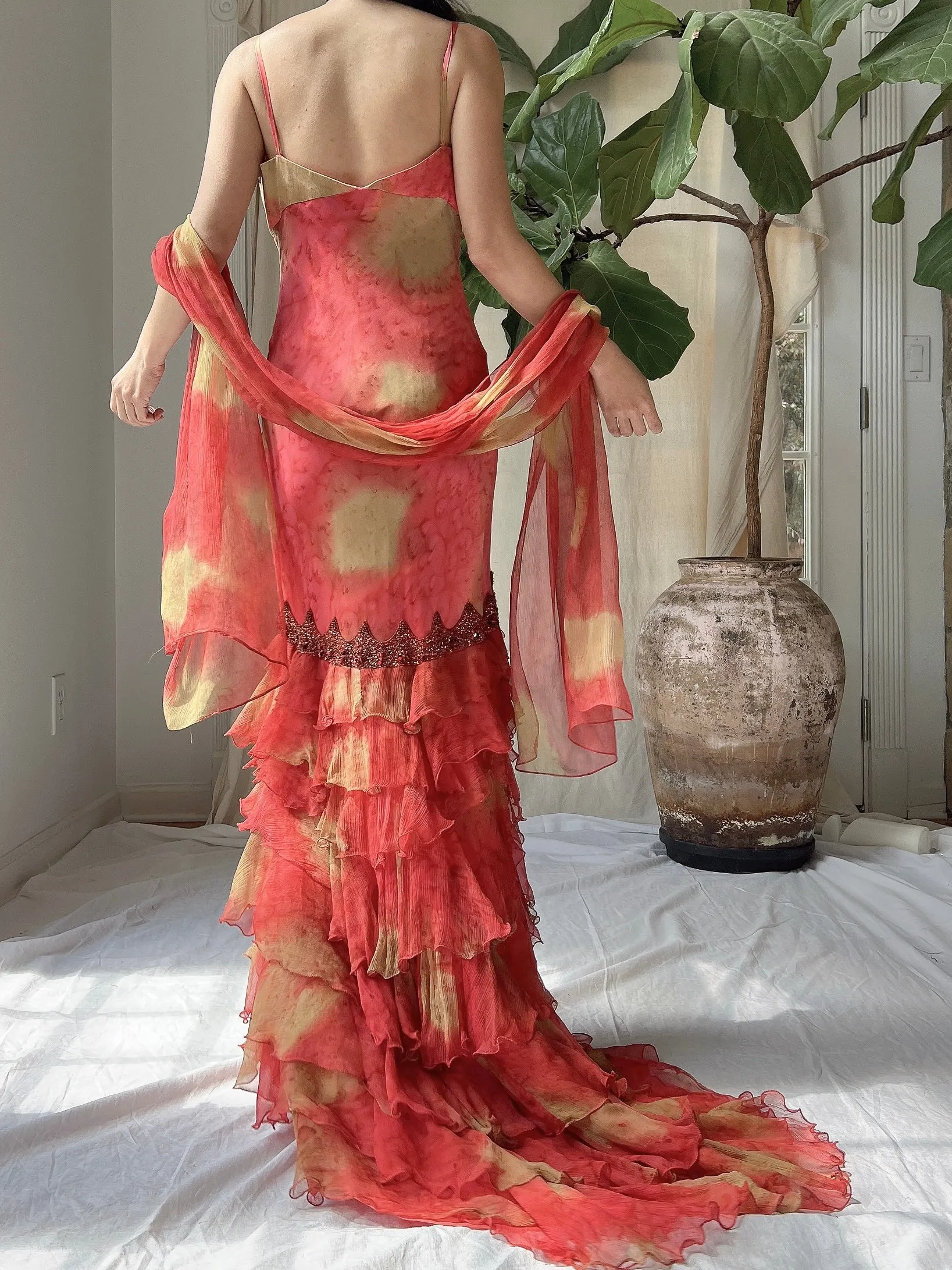 Vintage Silk Abstract Ruffle Dress - S