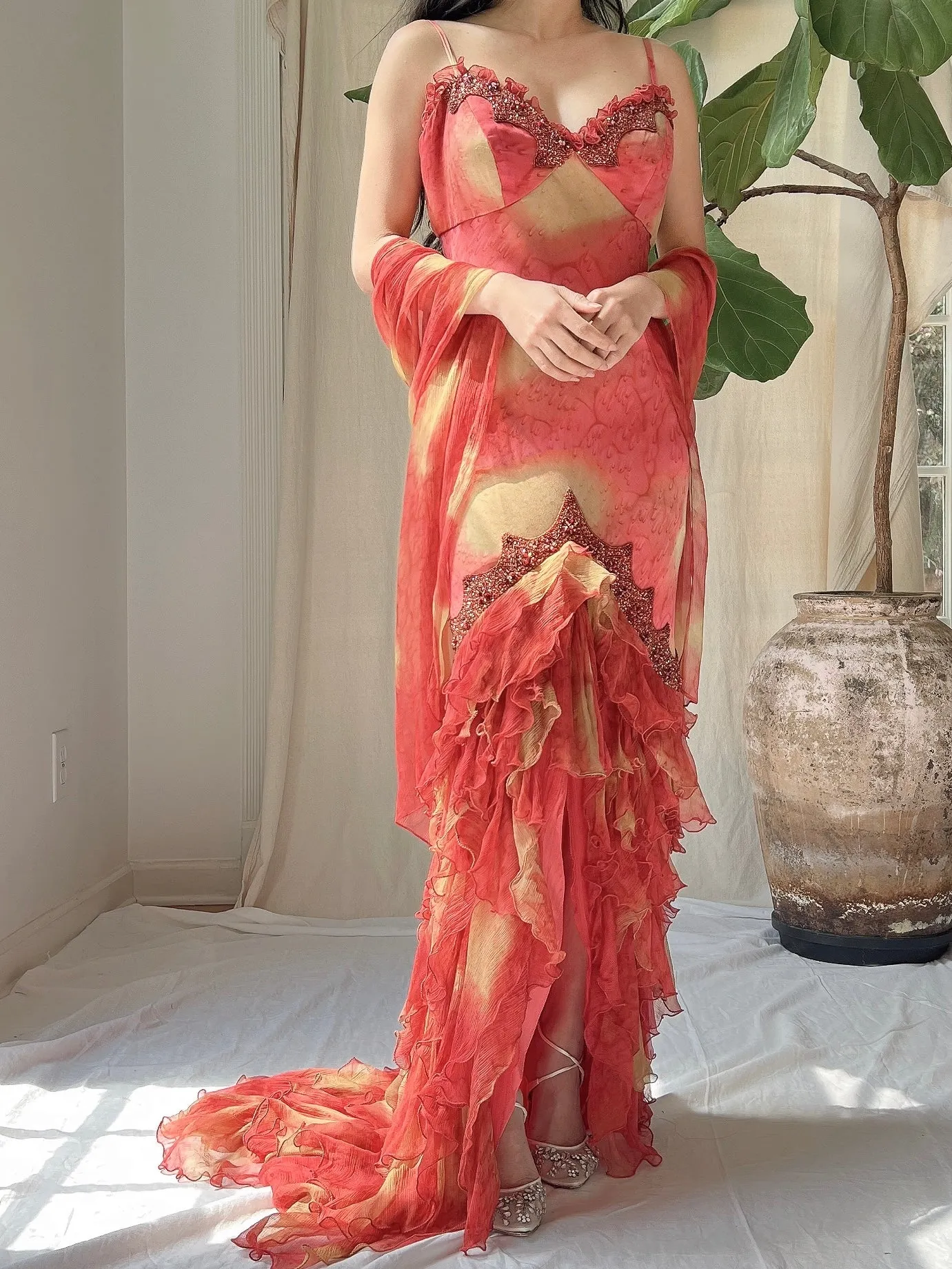 Vintage Silk Abstract Ruffle Dress - S