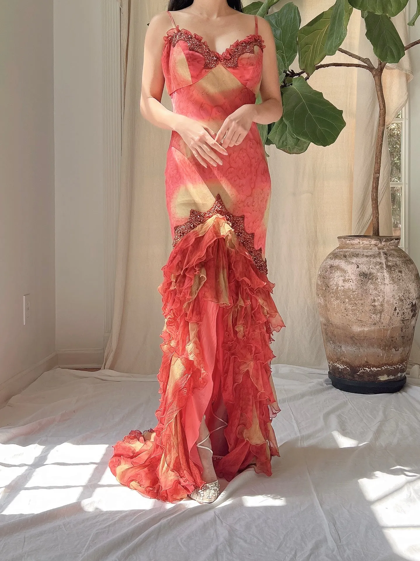 Vintage Silk Abstract Ruffle Dress - S