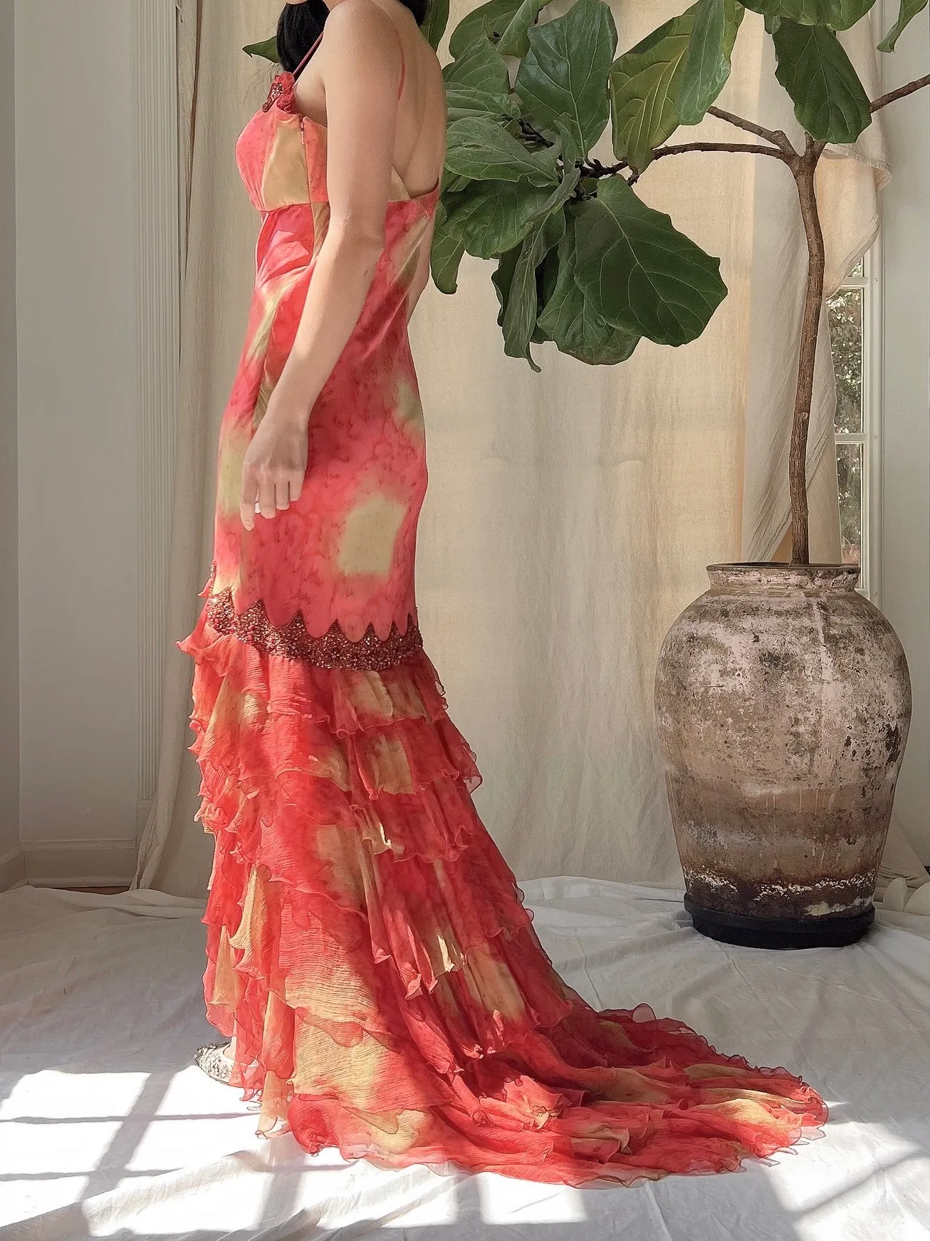 Vintage Silk Abstract Ruffle Dress - S