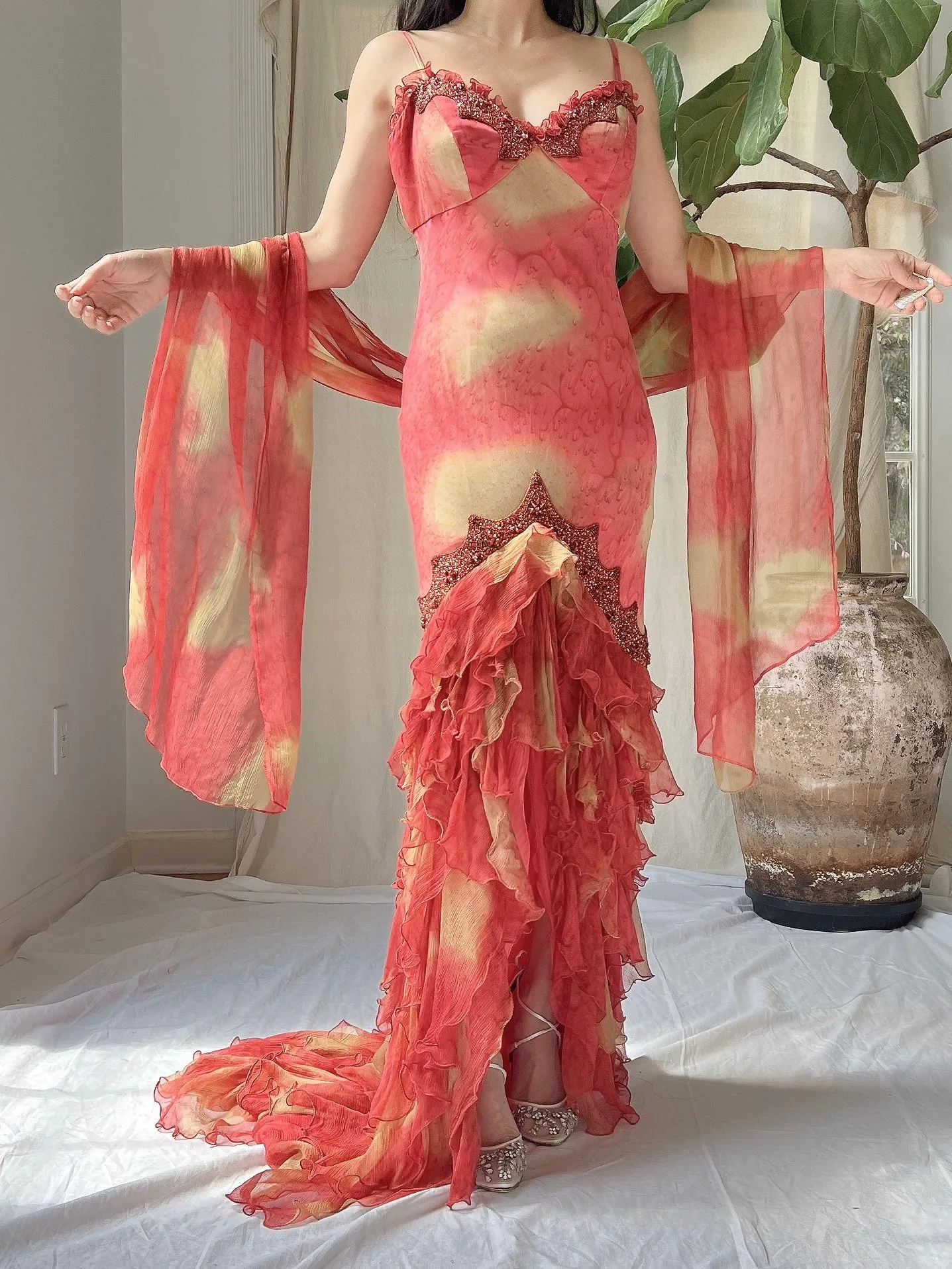 Vintage Silk Abstract Ruffle Dress - S
