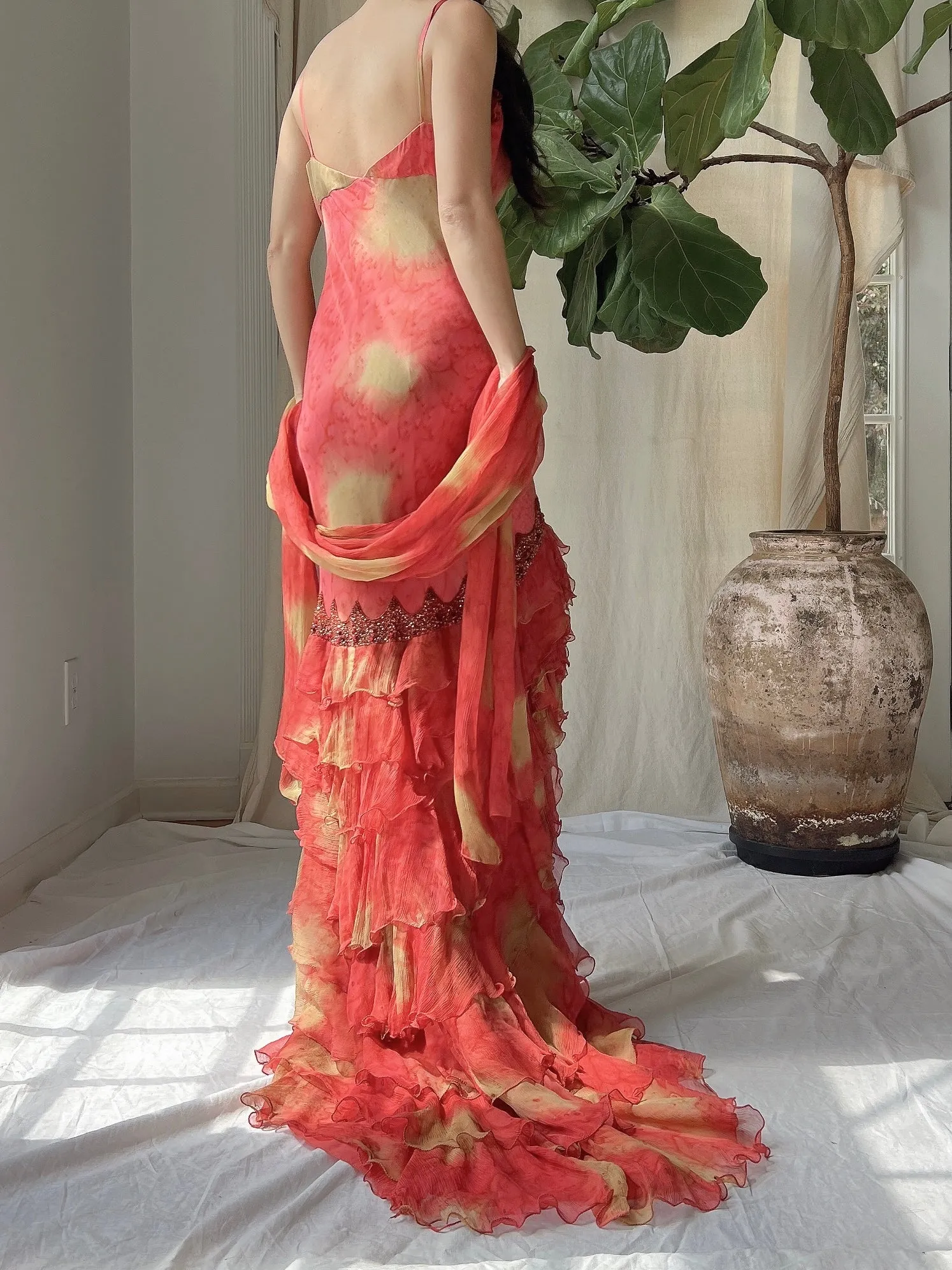 Vintage Silk Abstract Ruffle Dress - S