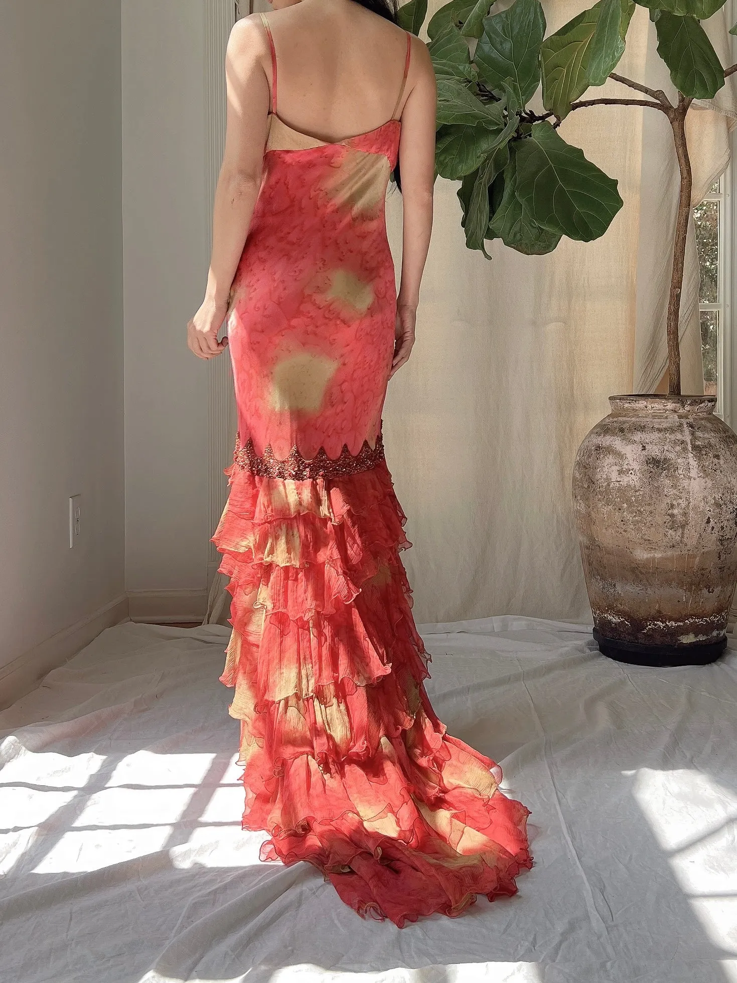 Vintage Silk Abstract Ruffle Dress - S