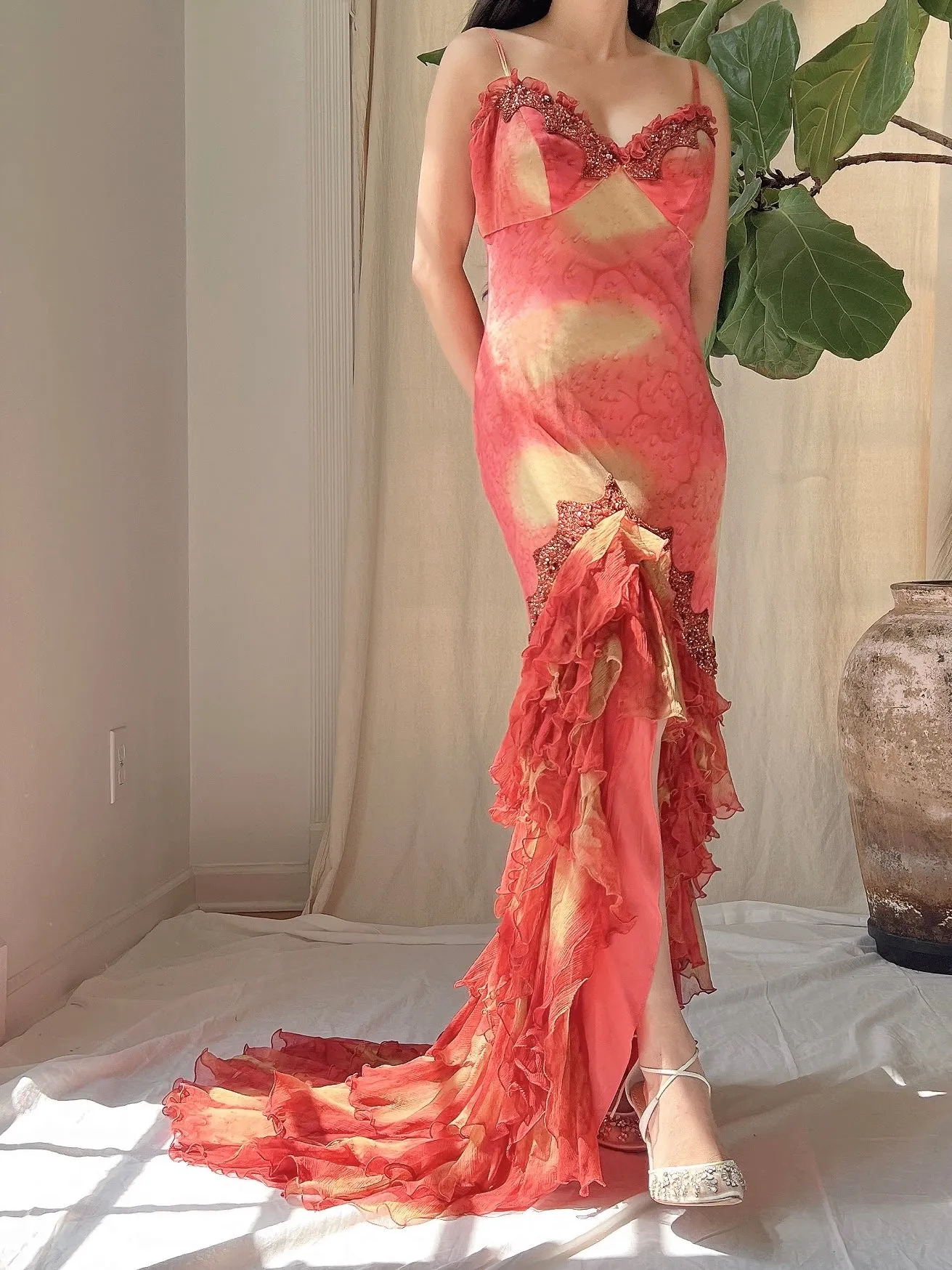 Vintage Silk Abstract Ruffle Dress - S