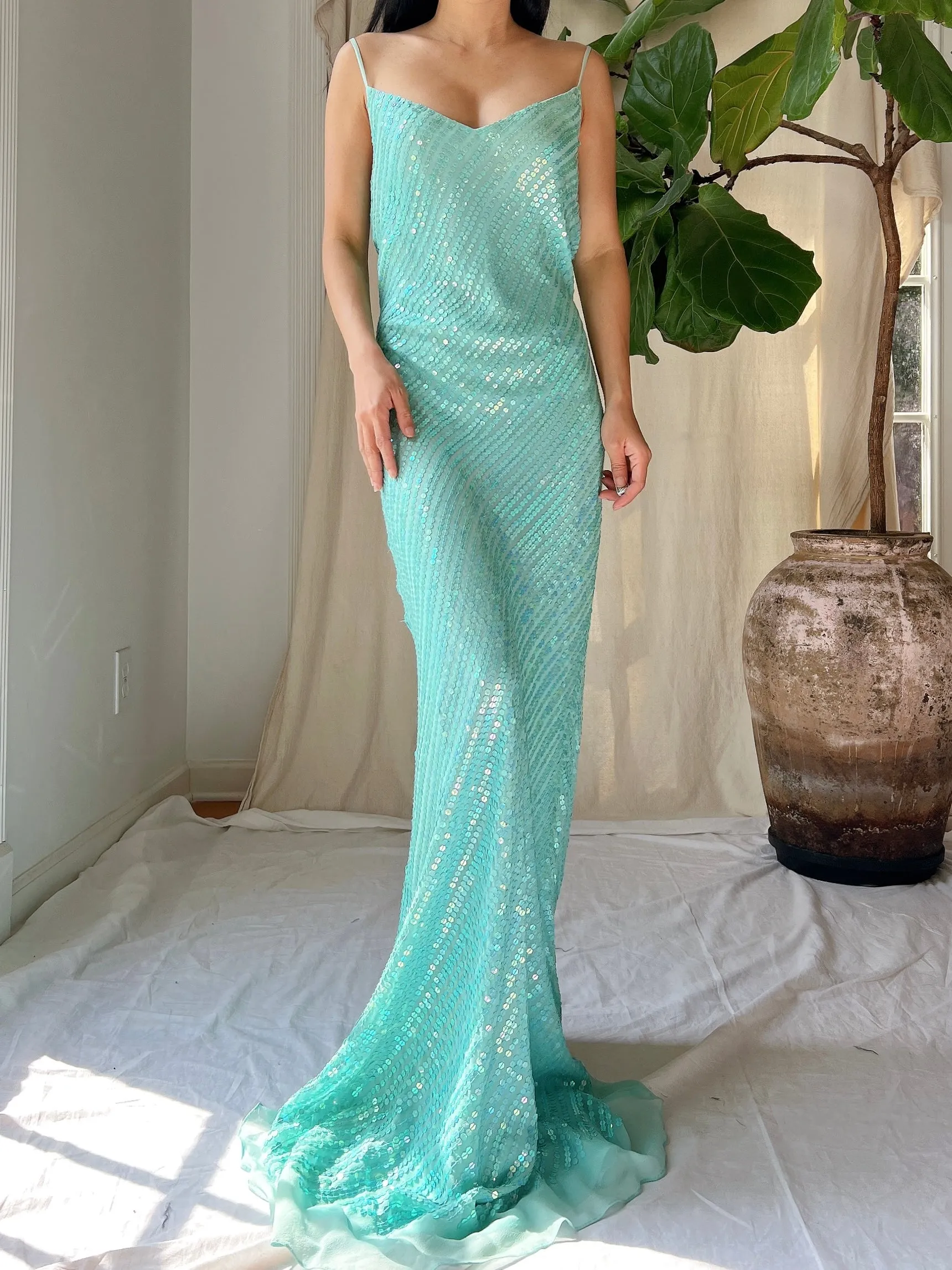 Vintage Silk Sequins Bias Cut Gown - M/L