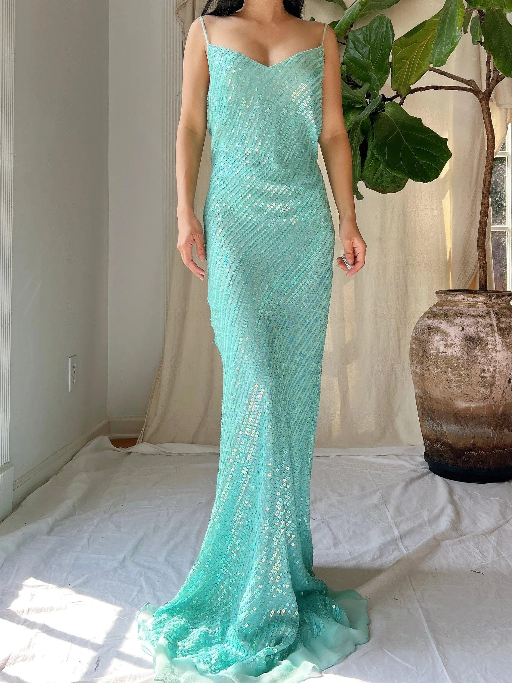 Vintage Silk Sequins Bias Cut Gown - M/L