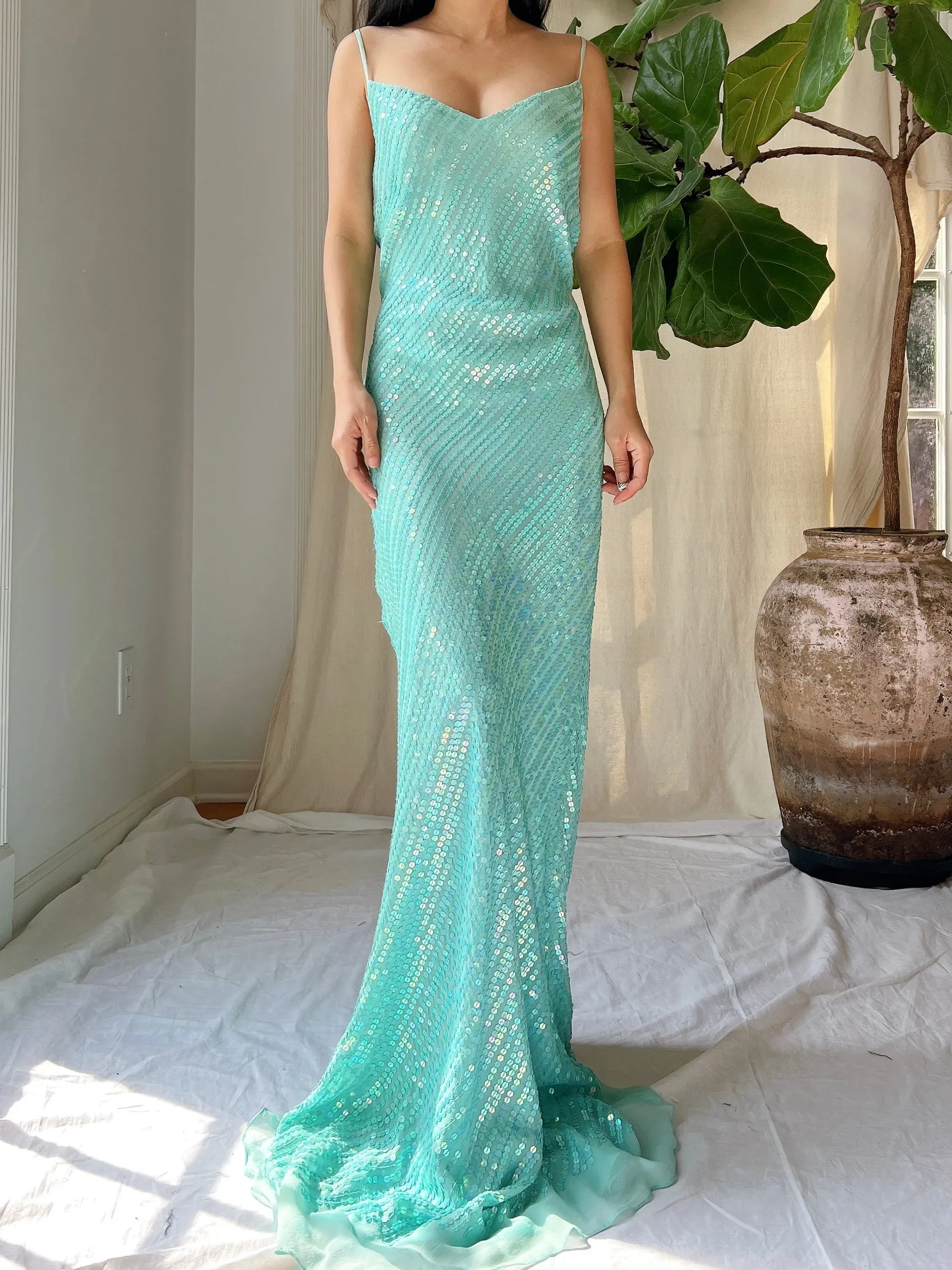 Vintage Silk Sequins Bias Cut Gown - M/L