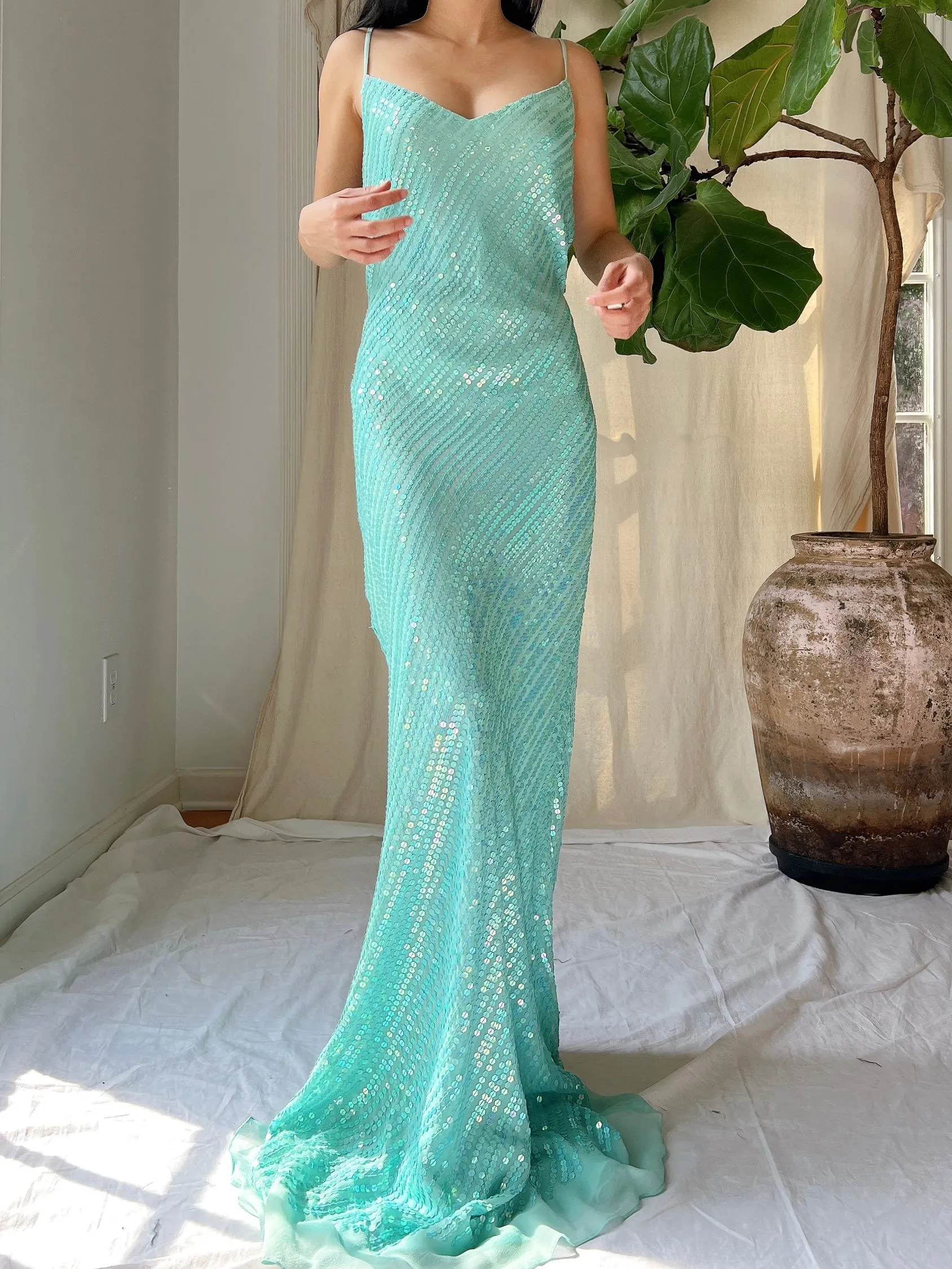 Vintage Silk Sequins Bias Cut Gown - M/L