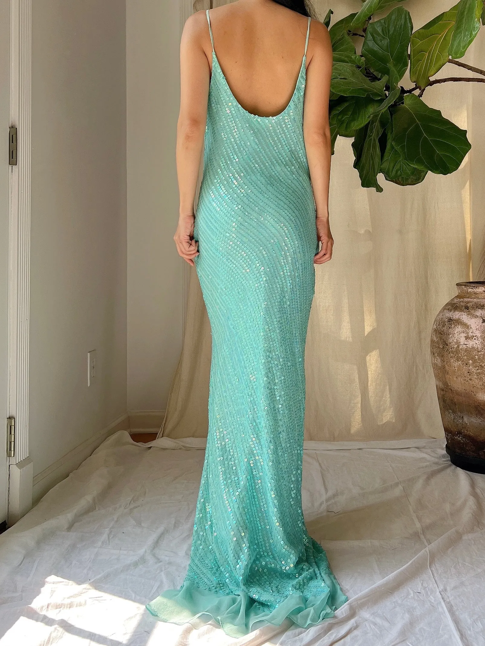 Vintage Silk Sequins Bias Cut Gown - M/L