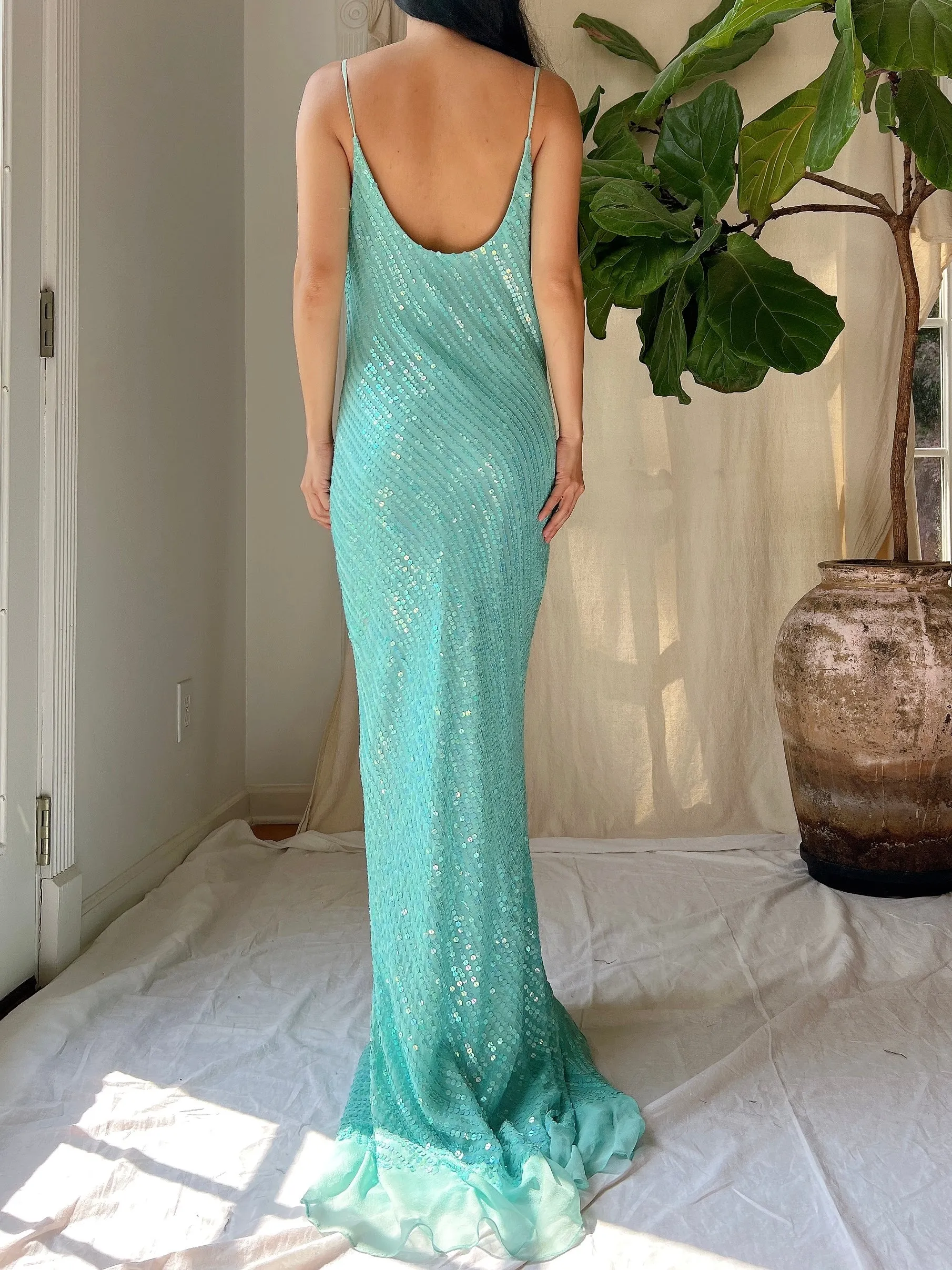 Vintage Silk Sequins Bias Cut Gown - M/L