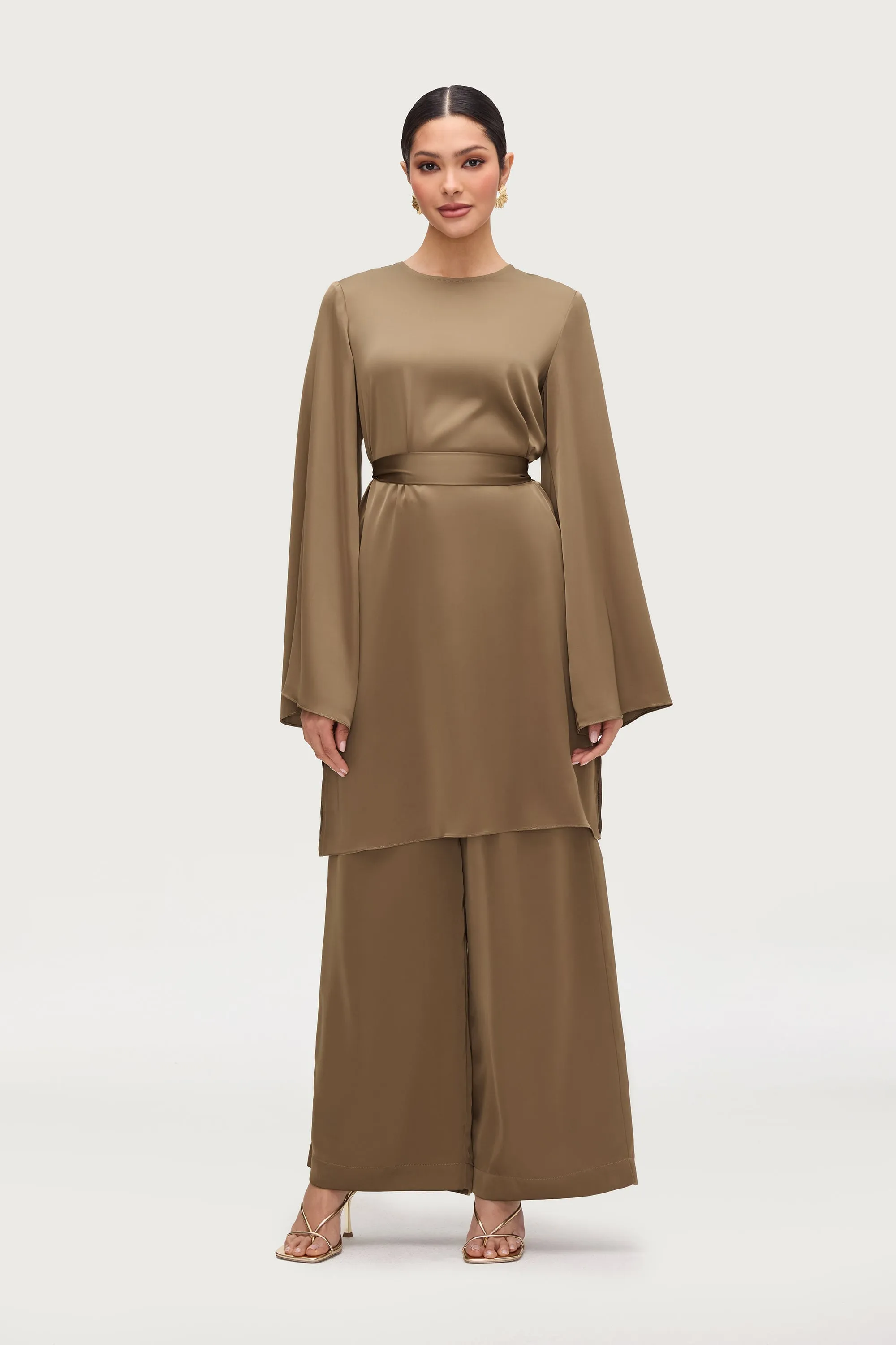 Wide Leg Satin Pants - Desert Palm